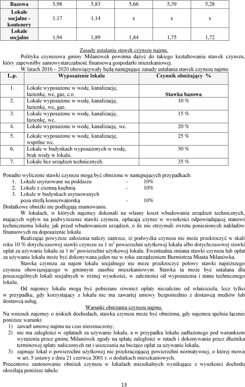 W latach 2016 2020 obowiązywały będą następujące zasady ustalania stawek czynszu najmu: L.p. Wyposażenie lokalu Czynnik obniżający % 1. Lokale wyposażone w wodę, kanalizację, łazienkę, wc, gaz, c.o. Stawka bazowa 2.