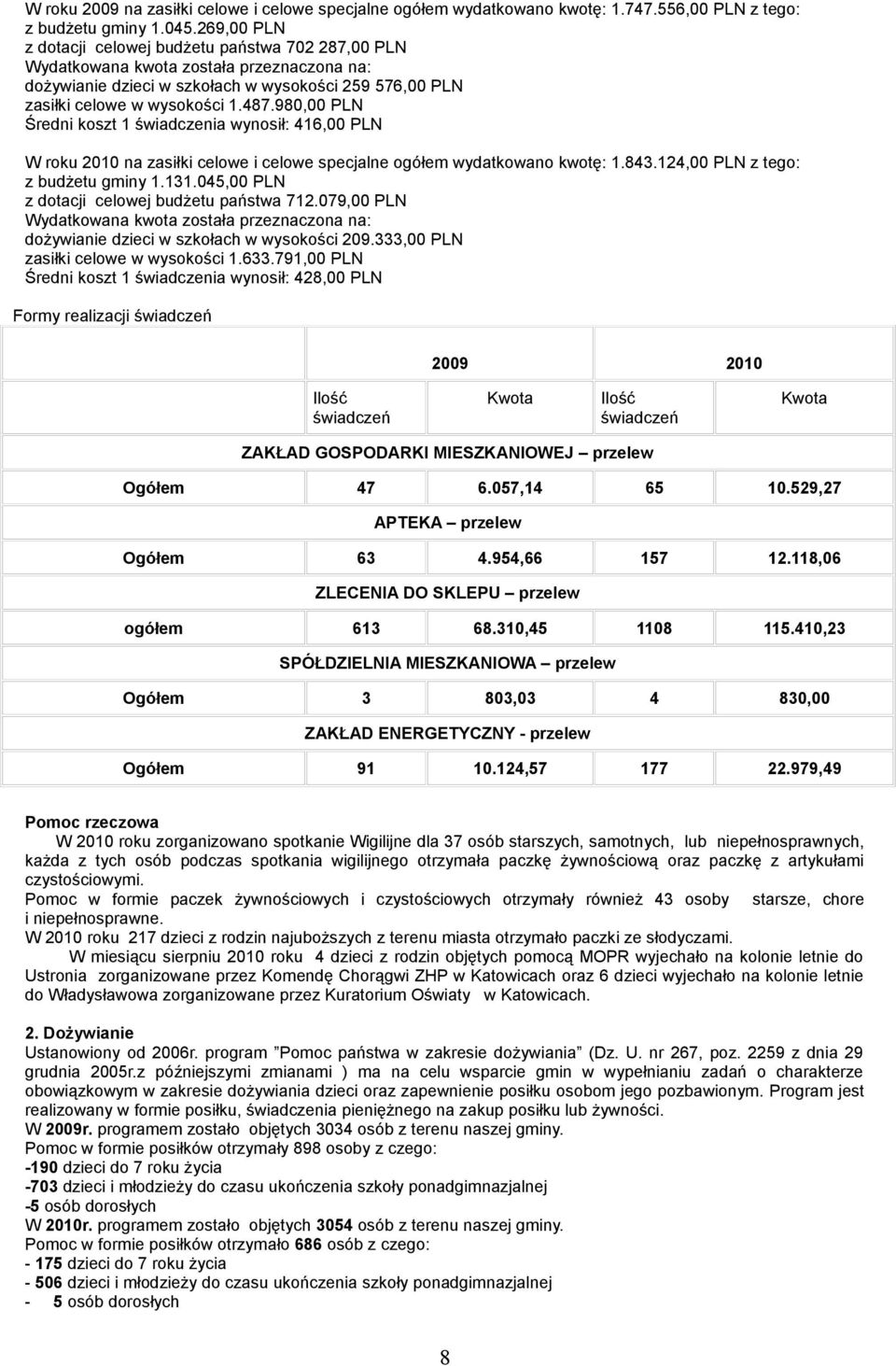 ., PLN z tego: z budżetu gminy.., PLN z dotacji celowej budżetu państwa 7.79, PLN Wydatkowana kwota została przeznaczona na: dożywianie dzieci w szkołach w wysokości 9.