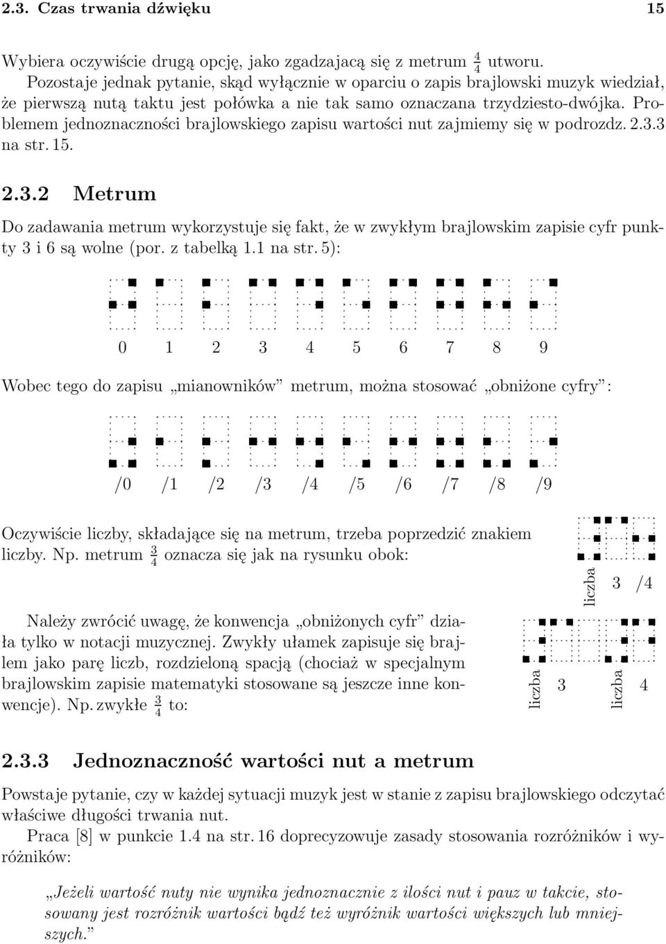 Problemem jednoznaczności brajlowskiego zapisu wartości nut zajmiemy się w podrozdz. 2.3.3 nastr.5. 2.3.2 Metrum Do zadawania metrum wykorzystuje się fakt, że w zwykłym brajlowskim zapisie cyfr punkty3i6sąwolne(por.