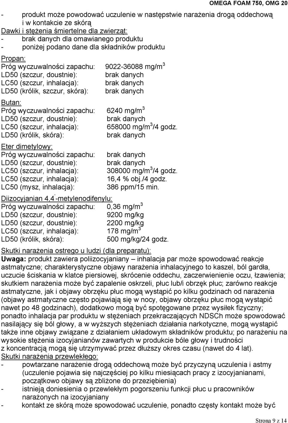 Butan: Próg wyczuwalności zapachu: 6240 mg/m 3 LD50 (szczur, doustnie): brak danych LC50 (szczur, inhalacja): 658000 mg/m 3 /4 godz.