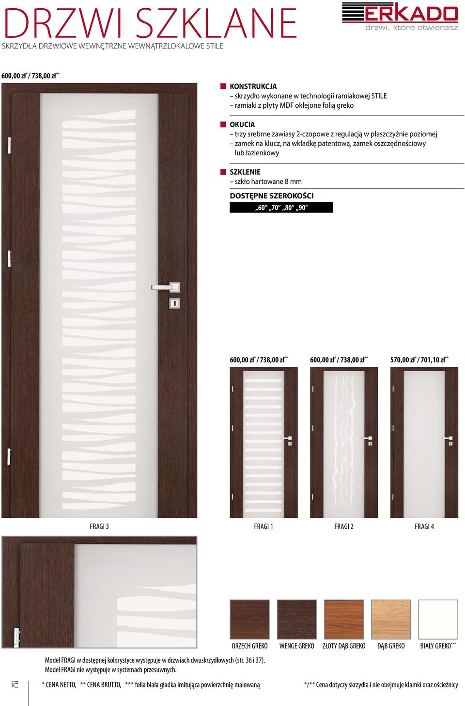 ** FRAGI 3 FRAGI 1 FRAGI 2 FRAGI 4 12 Model FRAGI w dostępnej kolorystyce występuje w drzwiach dwuskrzydłowych (str. 36 i 37). Model FRAGI nie występuje w systemach przesuwnych.