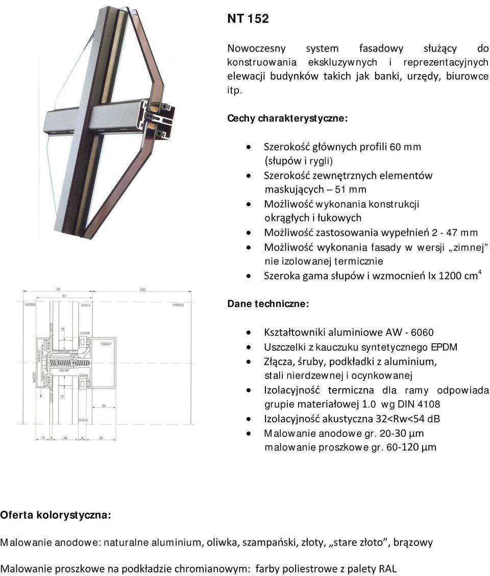 termicznie Szeroka gama słupów i wzmocnień Ix 1200 cm 4 Kształtowniki aluminiowe AW - 6060 Uszczelki z kauczuku syntetycznego EPDM Złącza, śruby, podkładki z aluminium, Izolacyjność termiczna dla