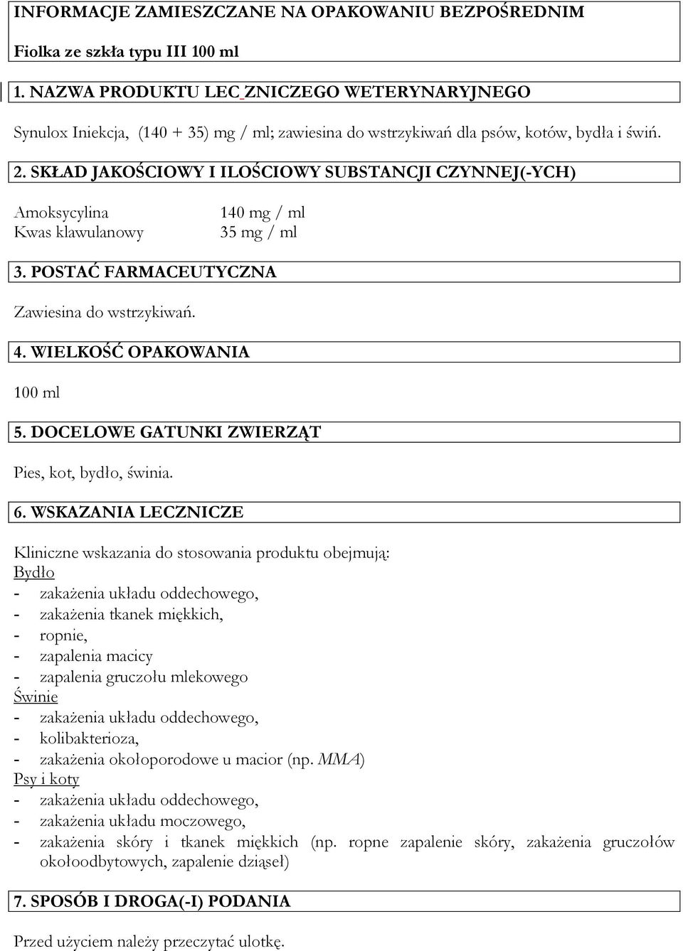 SKŁAD JAKOŚCIOWY I ILOŚCIOWY SUBSTANCJI CZYNNEJ(-YCH) Amoksycylina Kwas klawulanowy 140 mg / ml 35 mg / ml 3. POSTAĆ FARMACEUTYCZNA Zawiesina do wstrzykiwań. 4. WIELKOŚĆ OPAKOWANIA 100 ml 5.