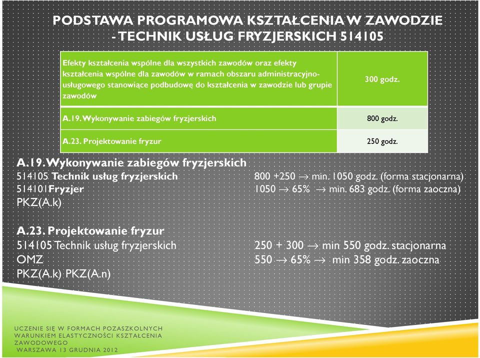 Projektowanie fryzur 800 godz. 250 godz. A.19. Wykonywanie zabiegów fryzjerskich 514105 Technik usług fryzjerskich 800 +250 min. 1050 godz.