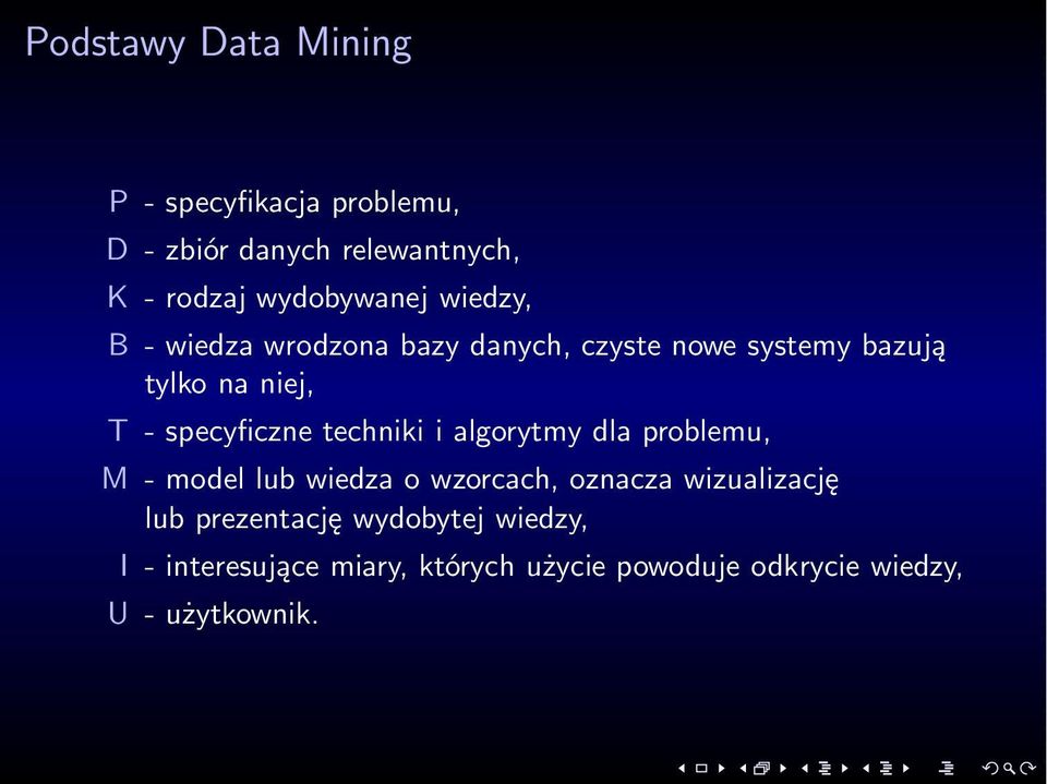 specyficzne techniki i algorytmy dla problemu, M - model lub wiedza o wzorcach, oznacza wizualizację