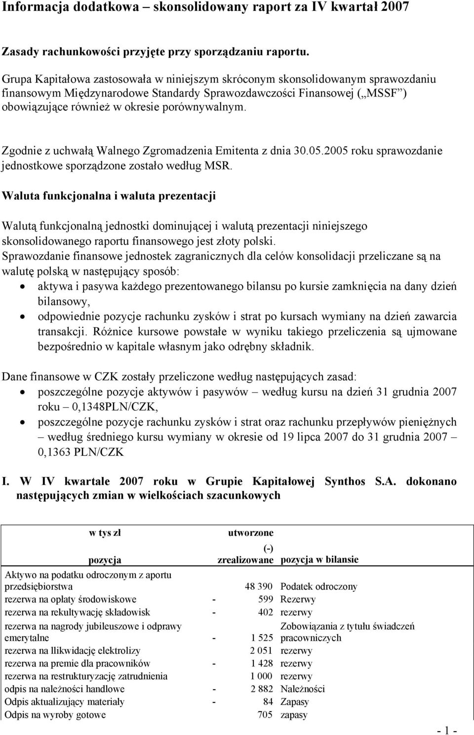 Zgodnie z uchwałą Walnego Zgromadzenia Emitenta z dnia 30.05.2005 roku sprawozdanie jednostkowe sporządzone zostało według MSR.