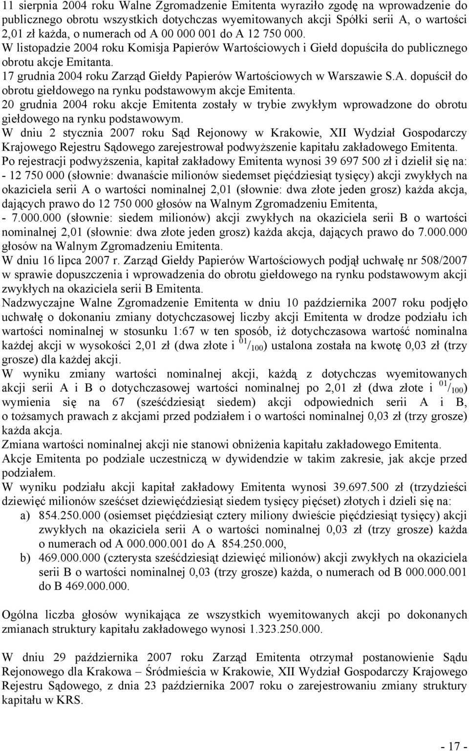 17 grudnia 2004 roku Zarząd Giełdy Papierów Wartościowych w Warszawie S.A. dopuścił do obrotu giełdowego na rynku podstawowym akcje Emitenta.