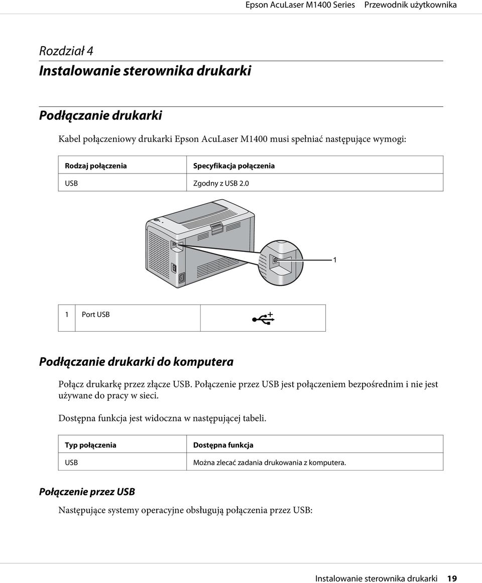 Połączenie przez USB jest połączeniem bezpośrednim i nie jest używane do pracy w sieci. Dostępna funkcja jest widoczna w następującej tabeli.