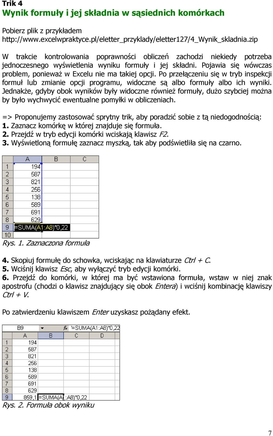 Po przełączeniu się w tryb inspekcji formuł lub zmianie opcji programu, widoczne są albo formuły albo ich wyniki.