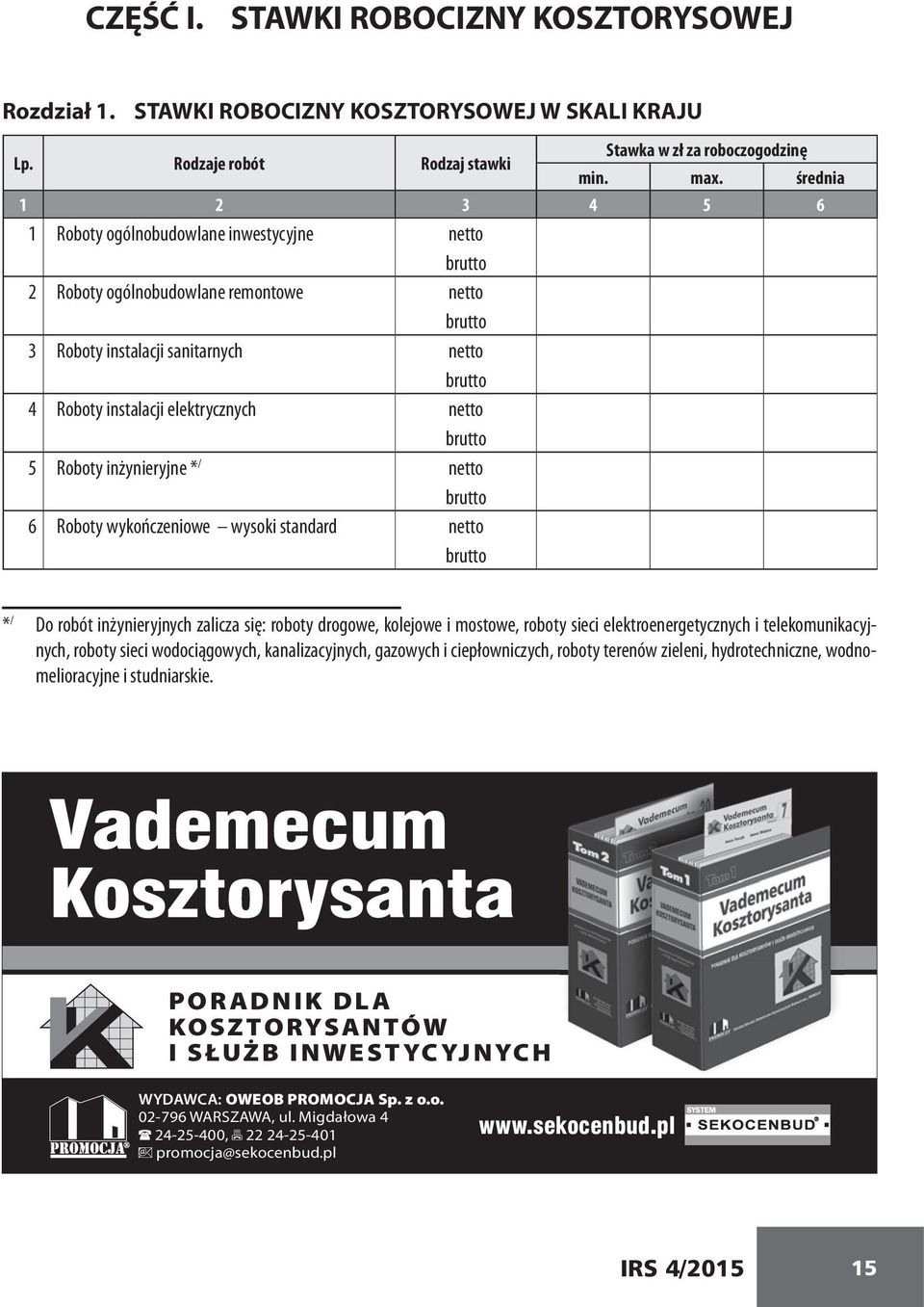 netto brutto 5 Roboty inżynieryjne * / netto brutto 6 Roboty wykończeniowe wysoki standard netto brutto * / Do robót inżynieryjnych zalicza się: roboty drogowe, kolejowe i mostowe, roboty sieci