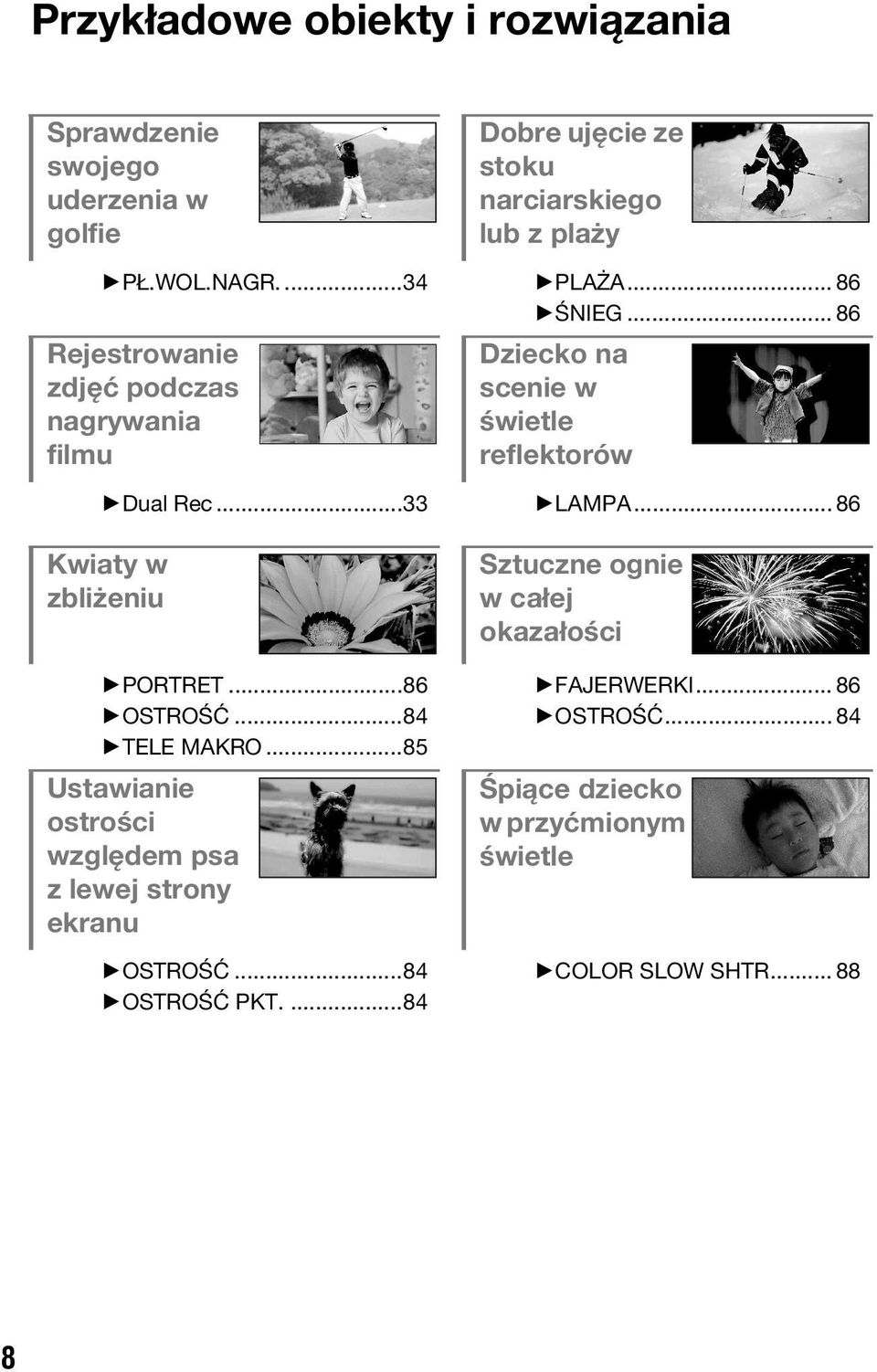 .. 86 Kwiaty w zbliżeniu BPORTRET...86 BOSTROŚĆ...84 BTELE MAKRO...85 Ustawianie ostrości względem psa z lewej strony ekranu BOSTROŚĆ.