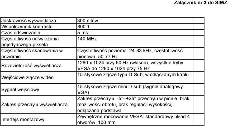 Wejściowe złącze wideo 15-stykowe złącze typu D-Sub; w odłączanym kablu Sygnał wejściowy Zakres przechyłu wyświetlacza Interfejs montażowy 15-stykowe złącze mini D-sub (sygnał