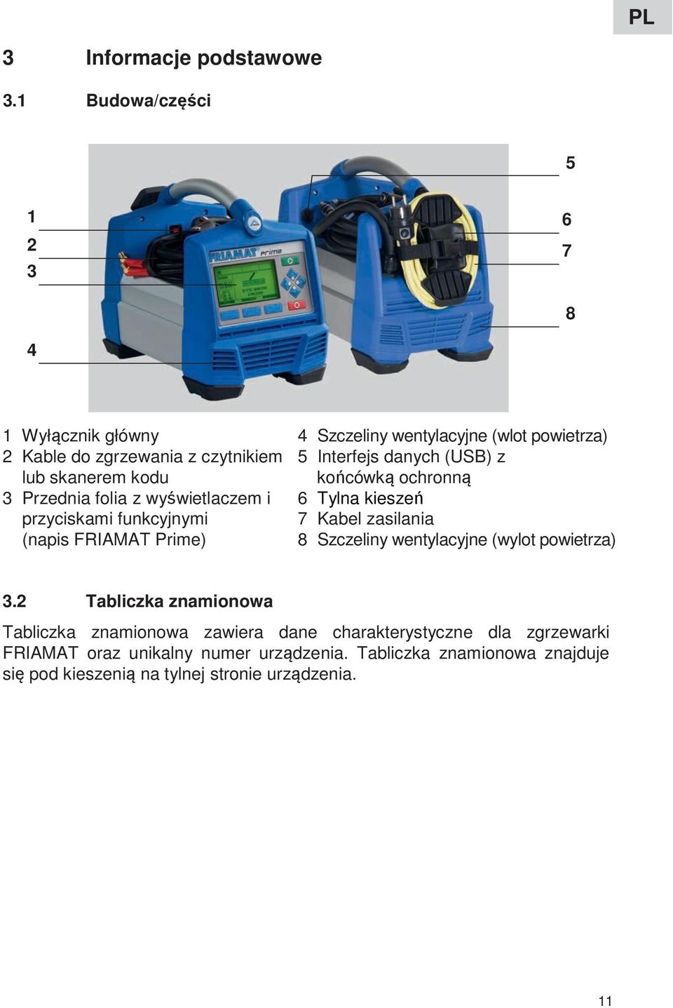 (USB) z lub skanerem kodu końcówką ochronną 3 Przednia folia z wyświetlaczem i 6 Tylna kieszeń przyciskami funkcyjnymi 7 Kabel zasilania (napis