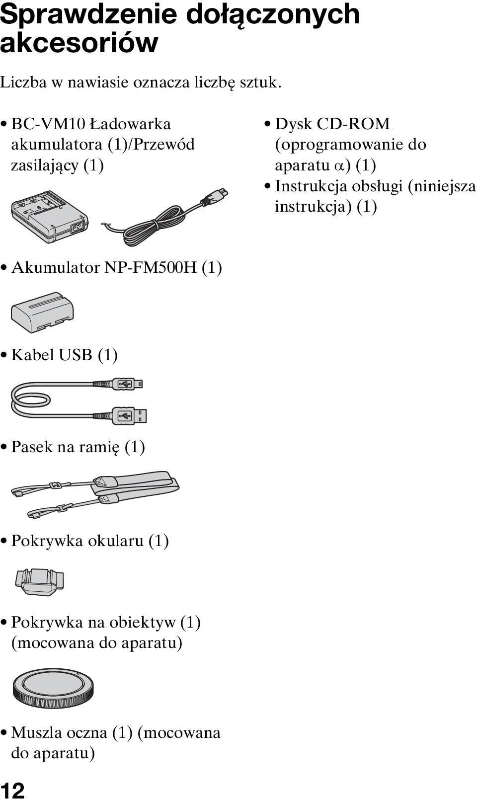Instrukcja obsługi (niniejsza instrukcja) (1) Akumulator NP-FM500H (1) Kabel USB (1) Pasek na ramię (1)