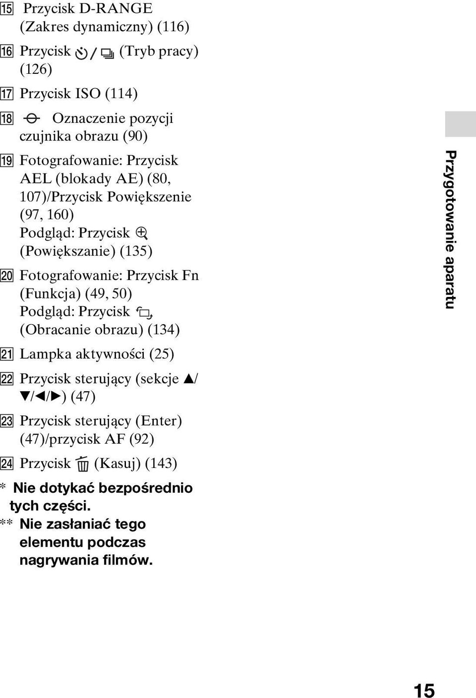 Podgląd: Przycisk (Obracanie obrazu) (134) U Lampka aktywności (25) V Przycisk sterujący (sekcje v/ V/b/B) (47) W Przycisk sterujący (Enter) (47)/przycisk