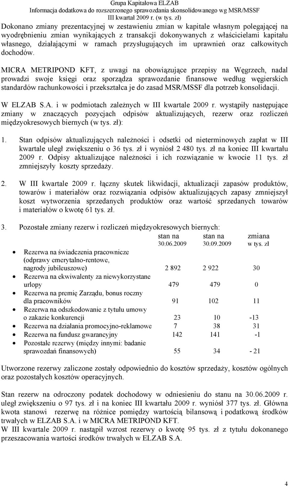 MICRA METRIPOND KFT, z uwagi na obowiązujące przepisy na Węgrzech, nadal prowadzi swoje księgi oraz sporządza sprawozdanie finansowe według węgierskich standardów rachunkowości i przekształca je do