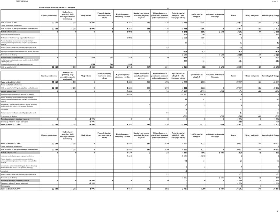 utworzony z zysków Kapitał rezerwowy z aktualizacji wyceny aktywów 0 Różnice kursowe z przeliczenia jednostek podporządkowanych Zysk/ strata z lat ubiegłych i roku bieżącego, w tym; zysk/strata z lat