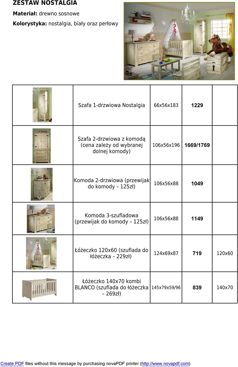 do komody 125zł) 106x56x88 1049 Komoda 3-szufladowa (przewijak do komody 125zł) 106x56x88 1149 Łóżeczko 120x60 (szuflada