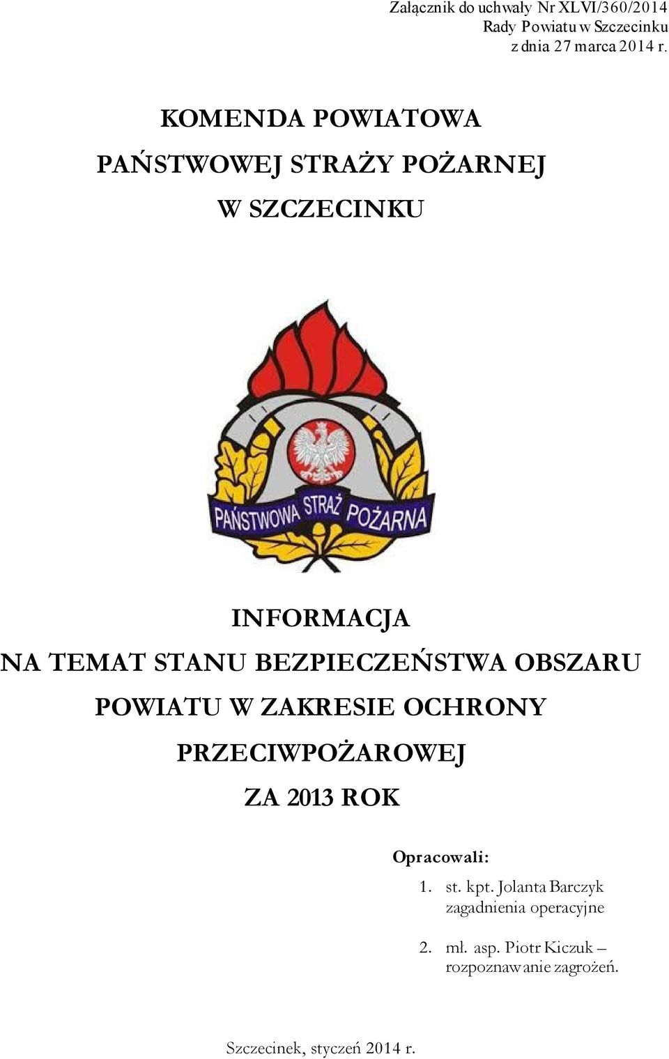 BEZPIECZEŃSTWA OBSZARU POWIATU W ZAKRESIE OCHRONY PRZECIWPOŻAROWEJ ZA 2013 ROK Opracowali: 1. st.