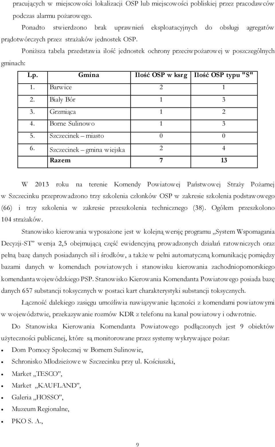 Poniższa tabela przedstawia ilość jednostek ochrony przeciwpożarowej w poszczególnych gminach: Lp. Gmina Ilość OSP w ksrg Ilość OSP typu "S" 1. Barwice 2 1 2. Biały Bór 1 3 3. Grzmiąca 1 2 4.