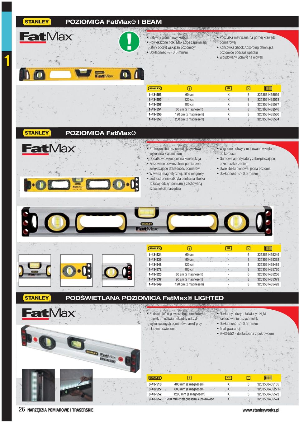 magnesem) X 3 325356435546-43-556 20 cm (z magnesem) X 3 325356435560-43-558 200 cm (z magnesem) X 3 325356435584 PozIoMICA FatMax Profesjonalna poziomica skrzynkowa wykonana z aluminium Dodatkowo