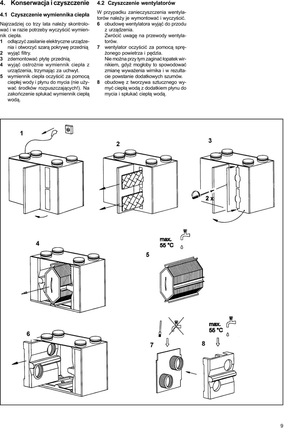 5 wymiennik ciep³a oczyœciæ za pomoc¹ ciep³ej wody i p³ynu do mycia (nie u ywaæ œrodków rozpuszczaj¹cych!). Na zakoñczenie sp³ukaæ wymiennik ciep³¹ wod¹. 4.