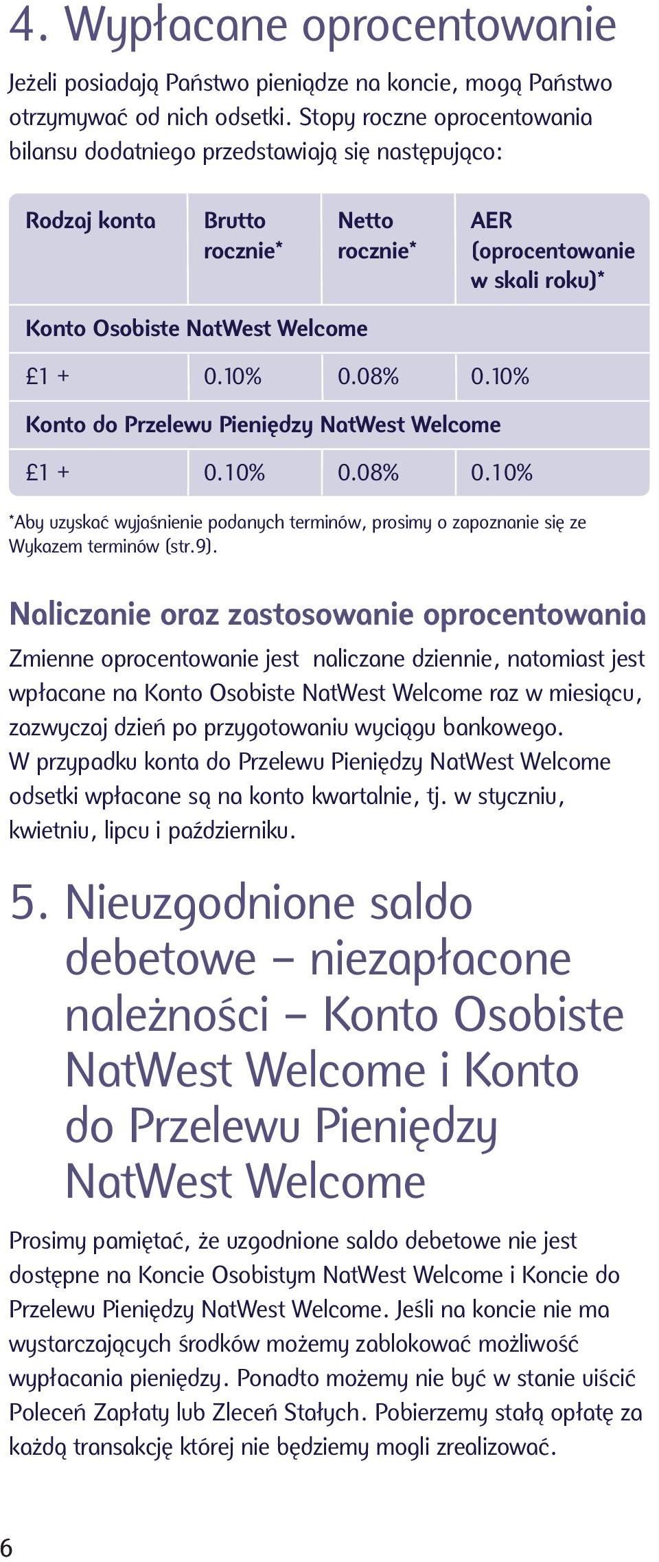 08% 0.10% Konto do Przelewu Pieniędzy NatWest Welcome 1 + 0.10% 0.08% 0.10% *Aby uzyskać wyjaśnienie podanych terminów, prosimy o zapoznanie się ze Wykazem terminów (str.9).