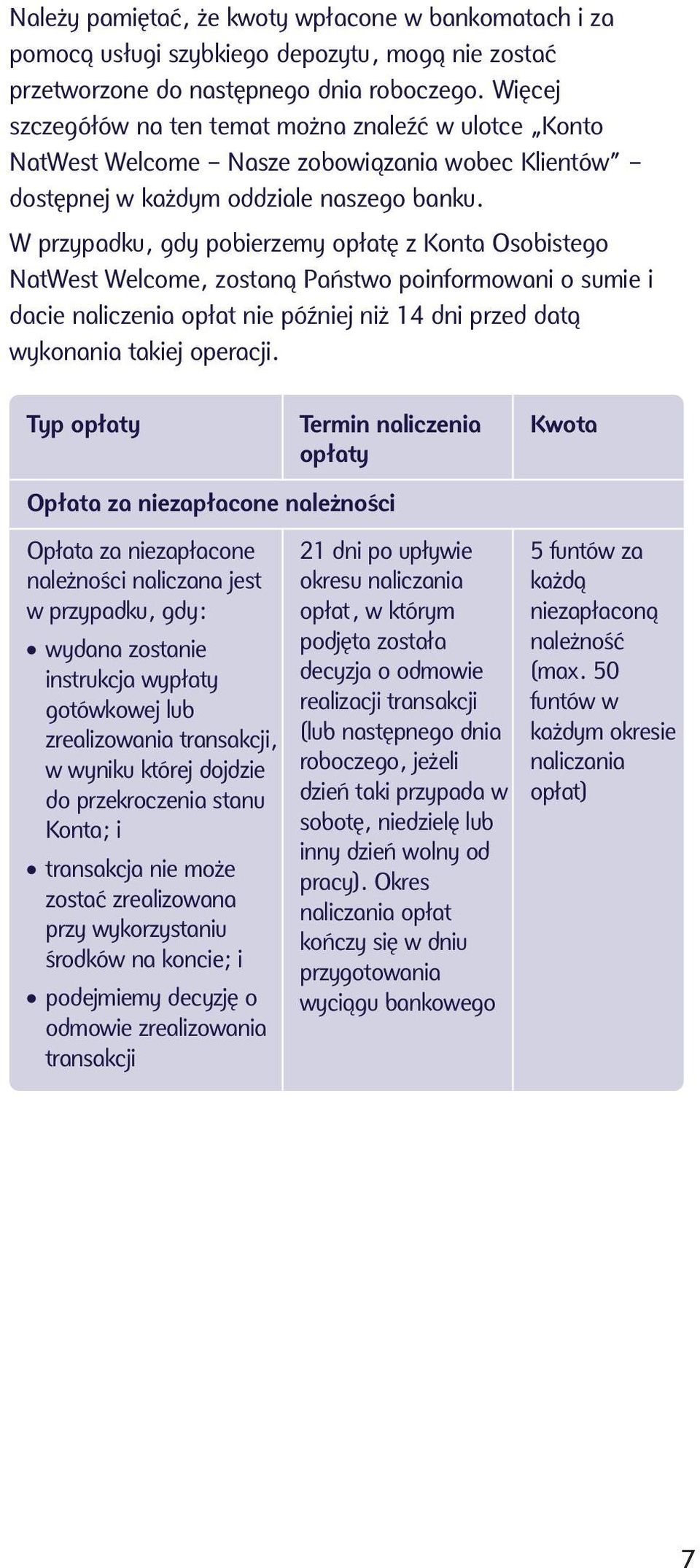 W przypadku, gdy pobierzemy opłatę z Konta Osobistego NatWest Welcome, zostaną Państwo poinformowani o sumie i dacie naliczenia opłat nie później niż 14 dni przed datą wykonania takiej operacji.