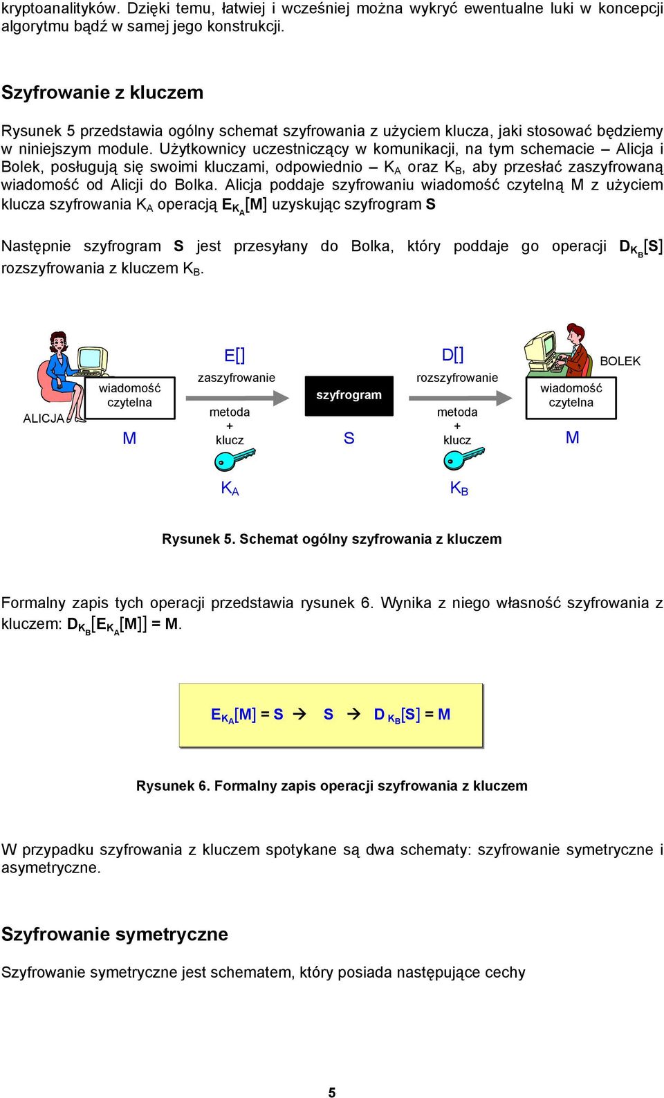 Użytkownicy uczestniczący w komunikacji, na tym schemacie Alicja i Bolek, posługują się swoimi kluczami, odpowiednio K A oraz K B, aby przesłać zaszyfrowaną wiadomość od Alicji do Bolka.