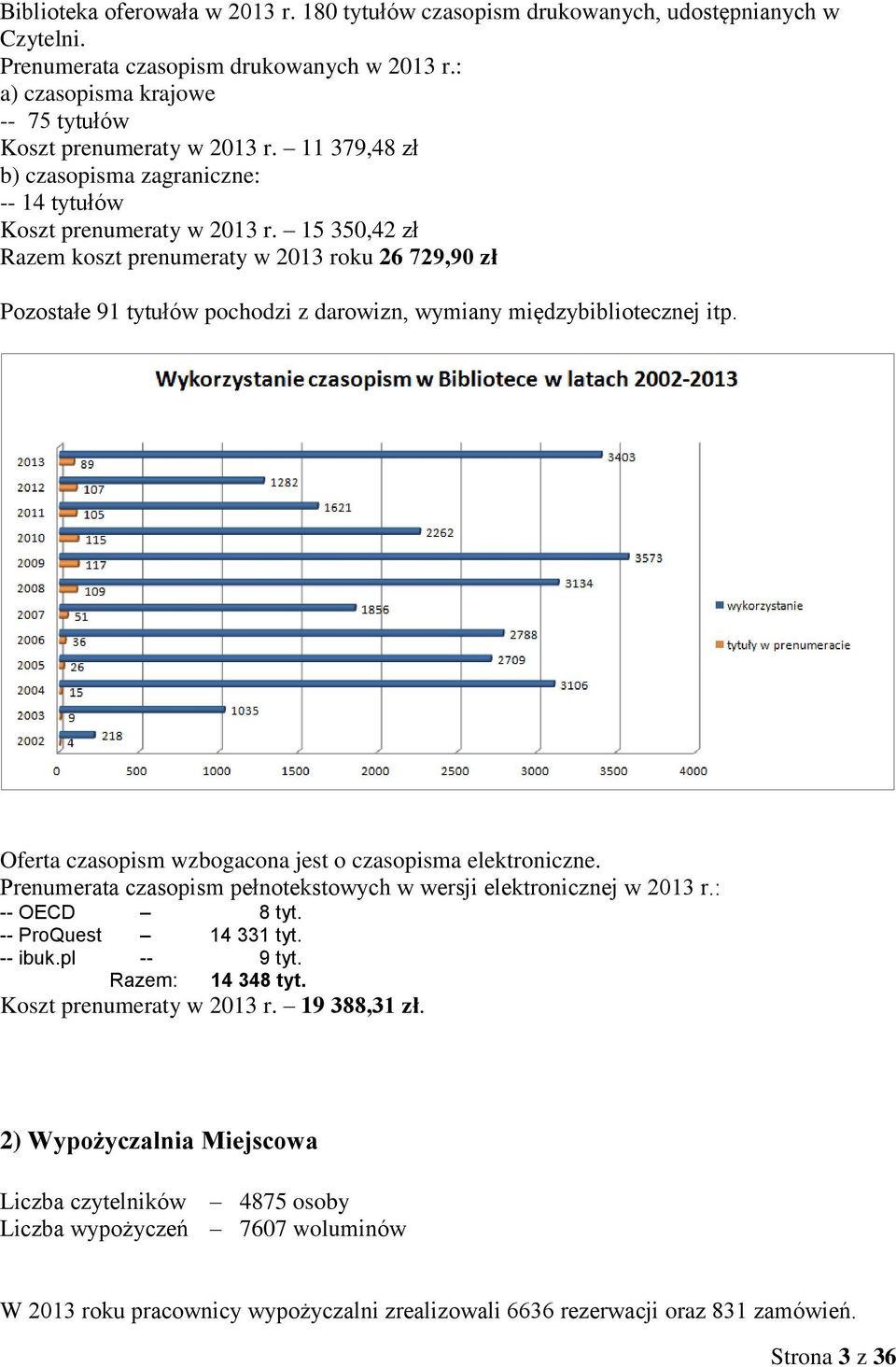 15 350,42 zł Razem koszt prenumeraty w 2013 roku 26 729,90 zł Pozostałe 91 tytułów pochodzi z darowizn, wymiany międzybibliotecznej itp. Oferta czasopism wzbogacona jest o czasopisma elektroniczne.