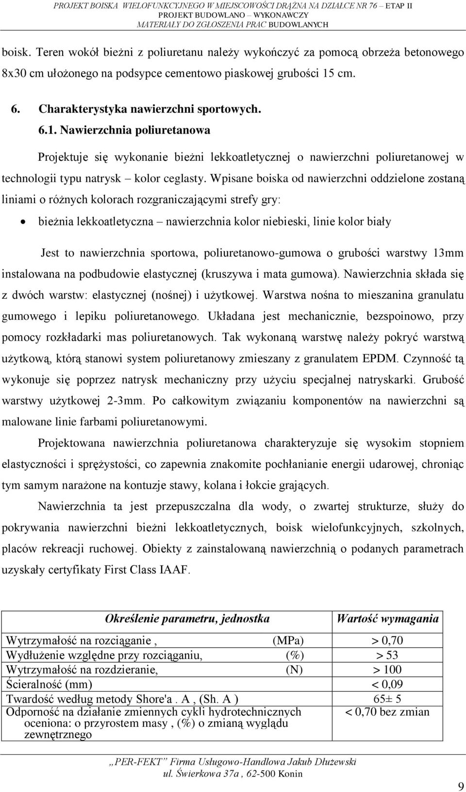 Wpisane boiska od nawierzchni oddzielone zostaną liniami o różnych kolorach rozgraniczającymi strefy gry: bieżnia lekkoatletyczna nawierzchnia kolor niebieski, linie kolor biały Jest to nawierzchnia