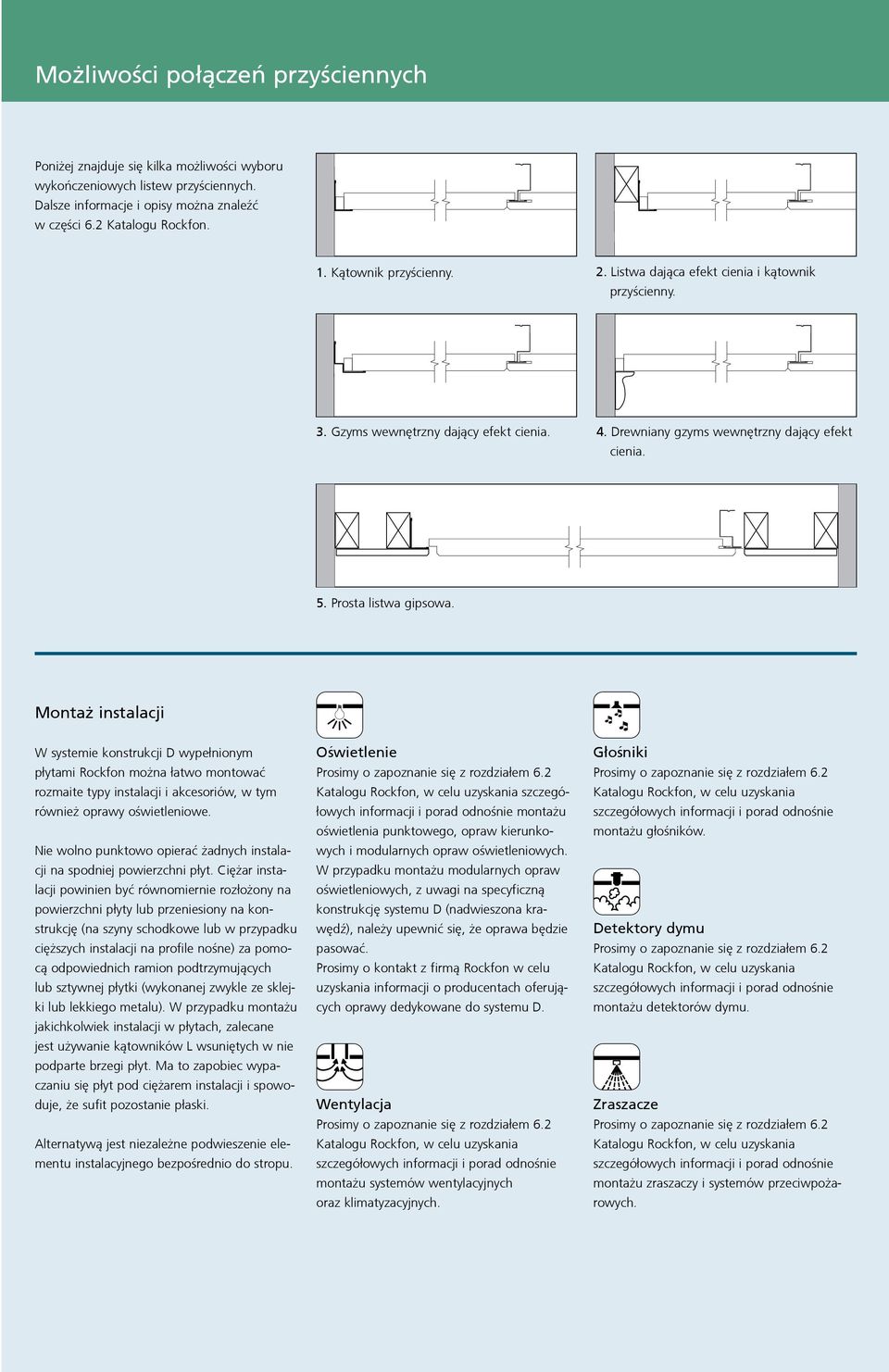 Montaż instalacji W systemie konstrukcji D wypełnionym płytami Rockfon można łatwo montować rozmaite typy instalacji i akcesoriów, w tym również oprawy oświetleniowe.