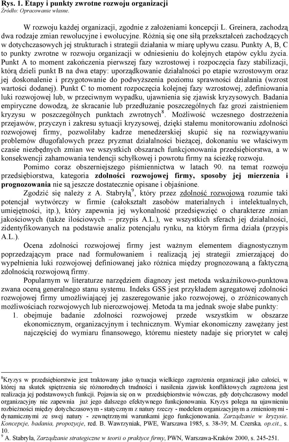 Punkty A, B, C to punkty zwrotne w rozwoju organizacji w odniesieniu do kolejnych etapów cyklu życia.