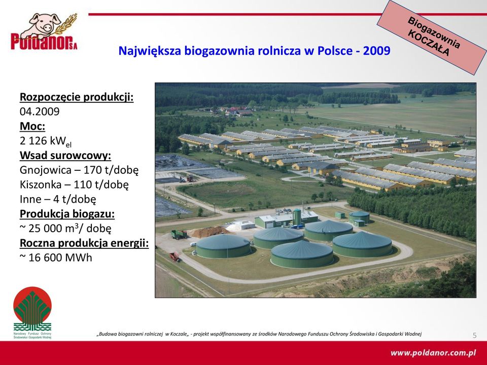 Produkcja biogazu: ~ 25 000 m 3 / dobę Roczna produkcja energii: ~ 16 600 MWh Budowa biogazowni