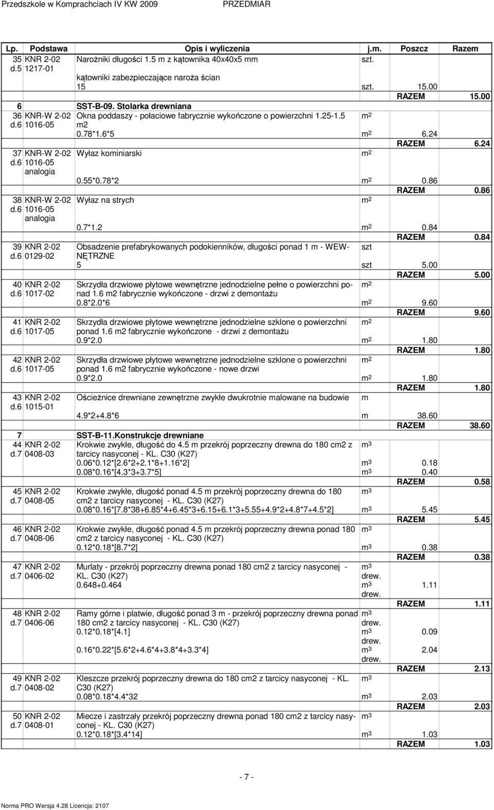 6 1016-05 analogia 0.55*0.78*2 0.86 RAZEM 0.86 38 KNR-W 2-02 Wyłaz na strych d.6 1016-05 analogia 0.7*1.2 0.84 RAZEM 0.