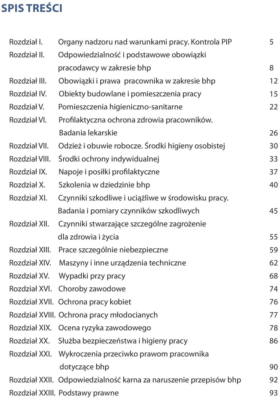 Profilaktyczna ochrona zdrowia pracowników. Badania lekarskie Rozdział VII. Odzież i obuwie robocze. Środki higieny osobistej Rozdział VIII. Środki ochrony indywidualnej Rozdział IX.