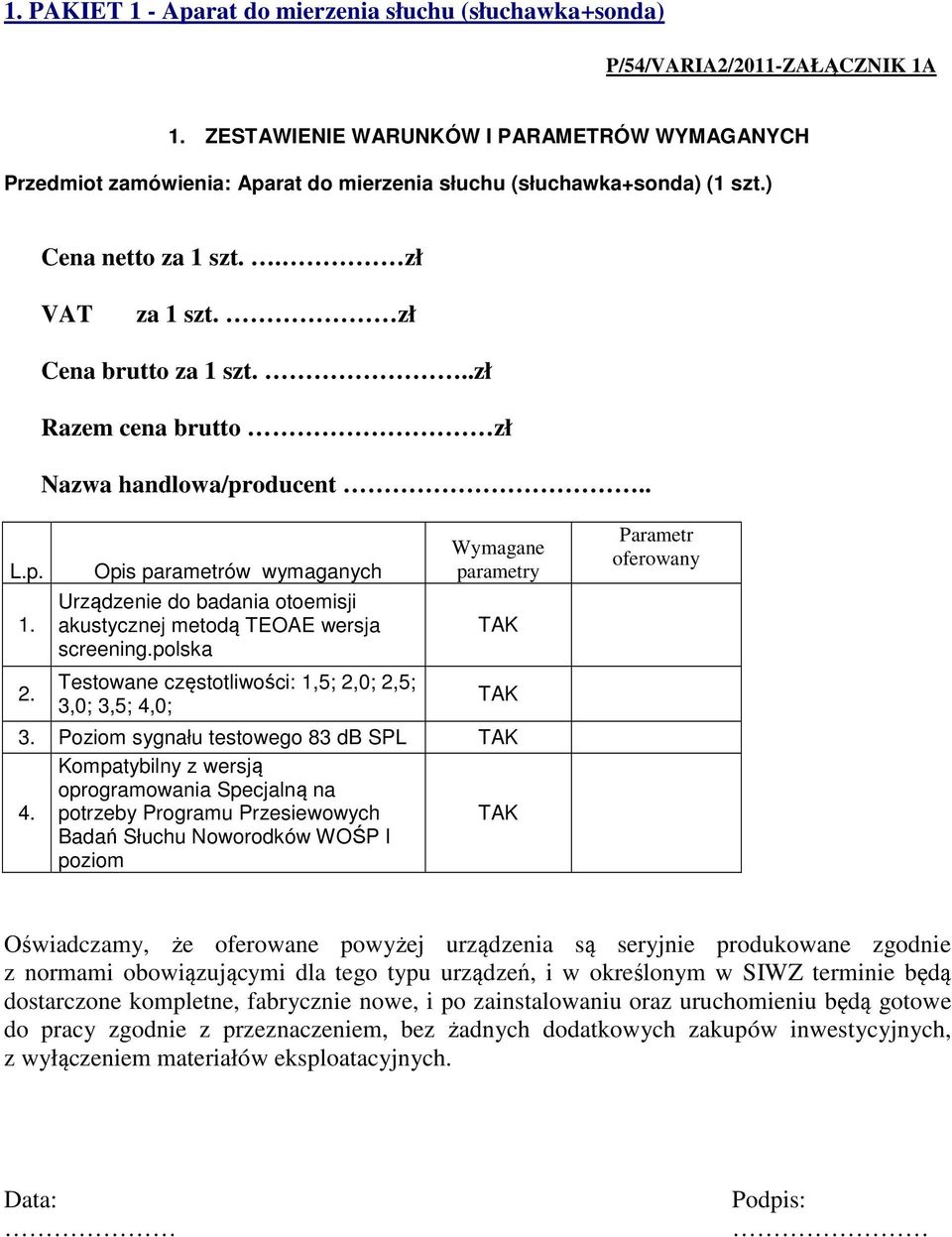 ..zł Razem cena brutto zł Nazwa handlowa/producent.. L.p. 1. 2.