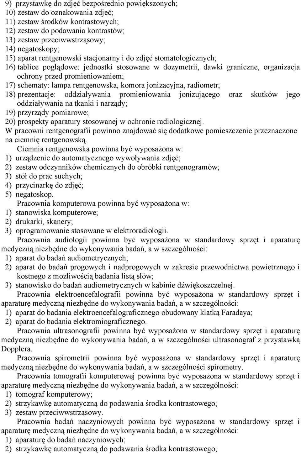 schematy: lampa rentgenowska, komora jonizacyjna, radiometr; 18) prezentacje: oddziaływania promieniowania jonizującego oraz skutków jego oddziaływania na tkanki i narządy; 19) przyrządy pomiarowe;