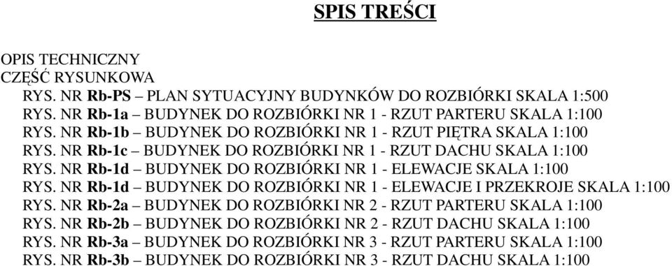 NR Rb-1c BUDYNEK DO ROZBIÓRKI NR 1 - RZUT DACHU SKALA 1:100 RYS. NR Rb-1d BUDYNEK DO ROZBIÓRKI NR 1 - ELEWACJE SKALA 1:100 RYS.