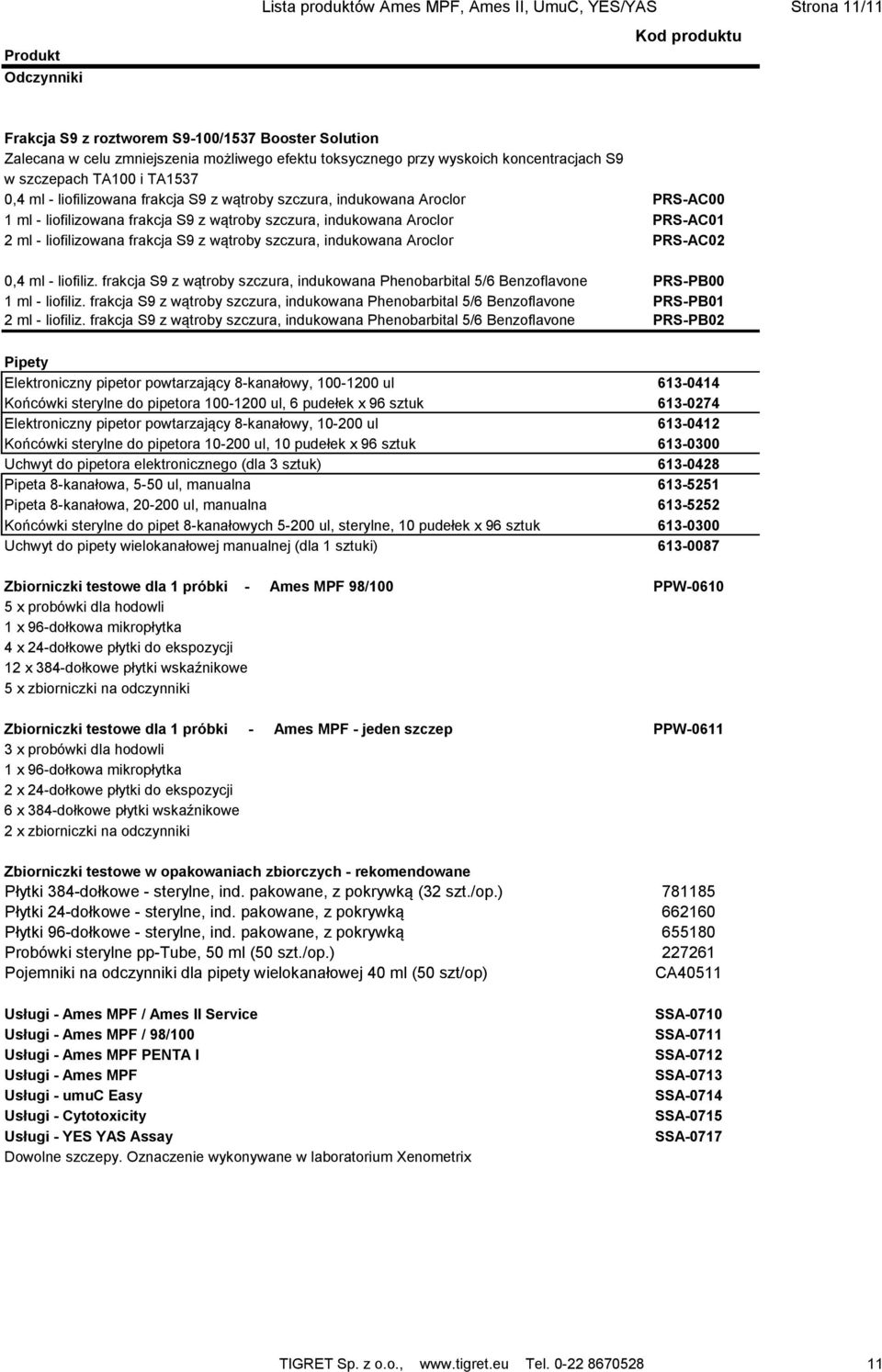 PRS-AC01 2 ml - liofilizowana frakcja S9 z wątroby szczura, indukowana Aroclor PRS-AC02 0,4 ml - liofiliz.