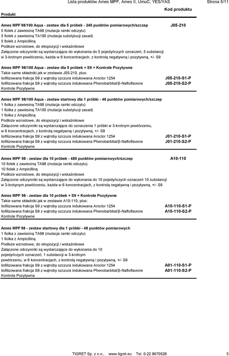 Ames MPF 98/100 Aqua - zestaw dla 5 próbek + S9 + Takie same składniki jak w zestawie J05-210, plus: J05-210-S1-P J05-210-S2-P Ames MPF 98/100 Aqua - zestaw startowy dla 1 próbki - 48 punktów