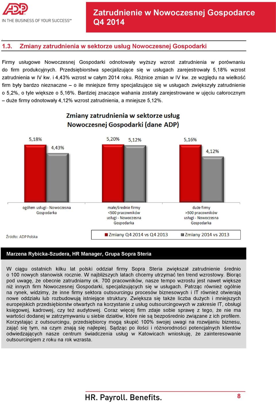 firmy specjalizujące się w usługach zwiększyły zatrudnienie o 5,2%, o tyle większe o 5,16% Bardziej znaczące wahania zostały zarejestrowane w ujęciu całorocznym duże firmy odnotowały 4,12% wzrost