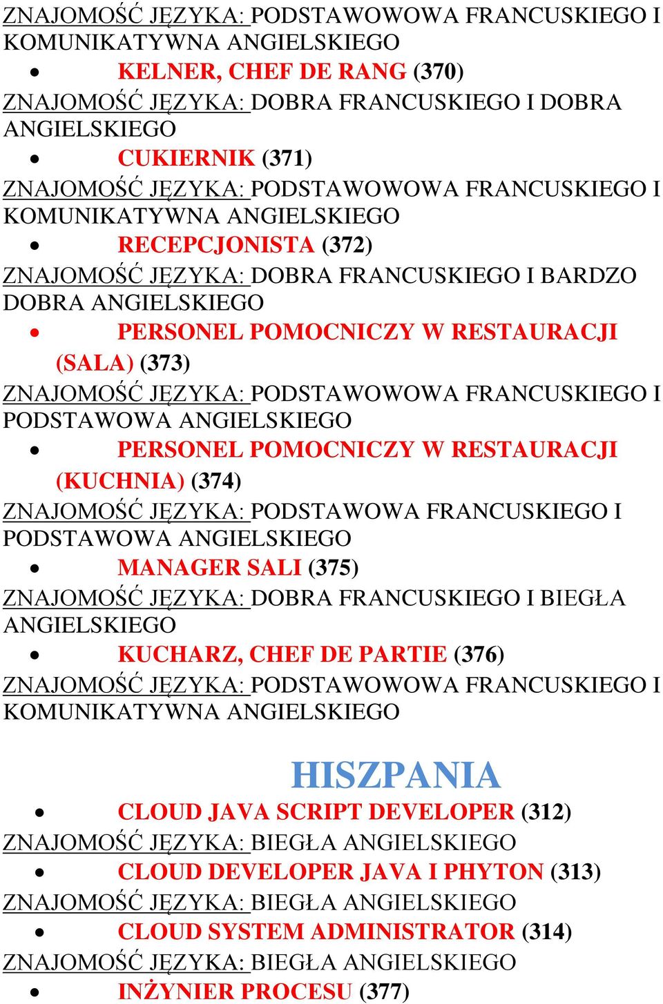 JĘZYKA: PODSTAWOWOWA FRANCUSKIEGO I PODSTAWOWA ANGIELSKIEGO PERSONEL POMOCNICZY W RESTAURACJI (KUCHNIA) (374) ZNAJOMOŚĆ JĘZYKA: PODSTAWOWA FRANCUSKIEGO I PODSTAWOWA ANGIELSKIEGO MANAGER SALI (375)