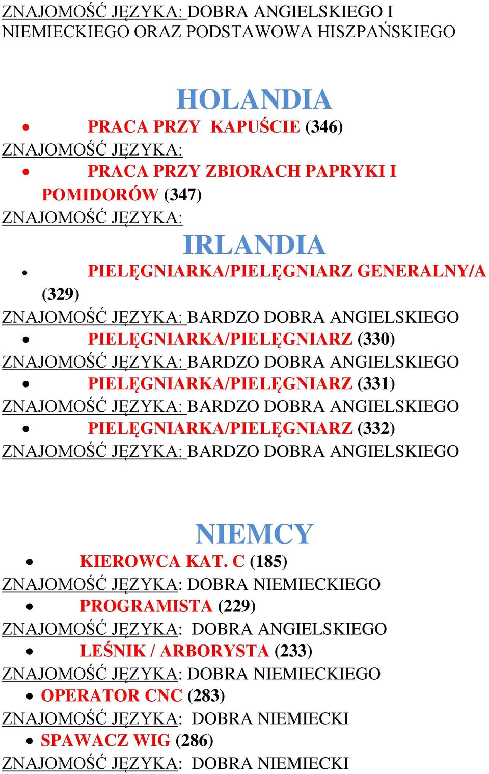 ANGIELSKIEGO PIELĘGNIARKA/PIELĘGNIARZ (331) ZNAJOMOŚĆ JĘZYKA: BARDZO DOBRA ANGIELSKIEGO PIELĘGNIARKA/PIELĘGNIARZ (332) ZNAJOMOŚĆ JĘZYKA: BARDZO DOBRA ANGIELSKIEGO NIEMCY KIEROWCA KAT.