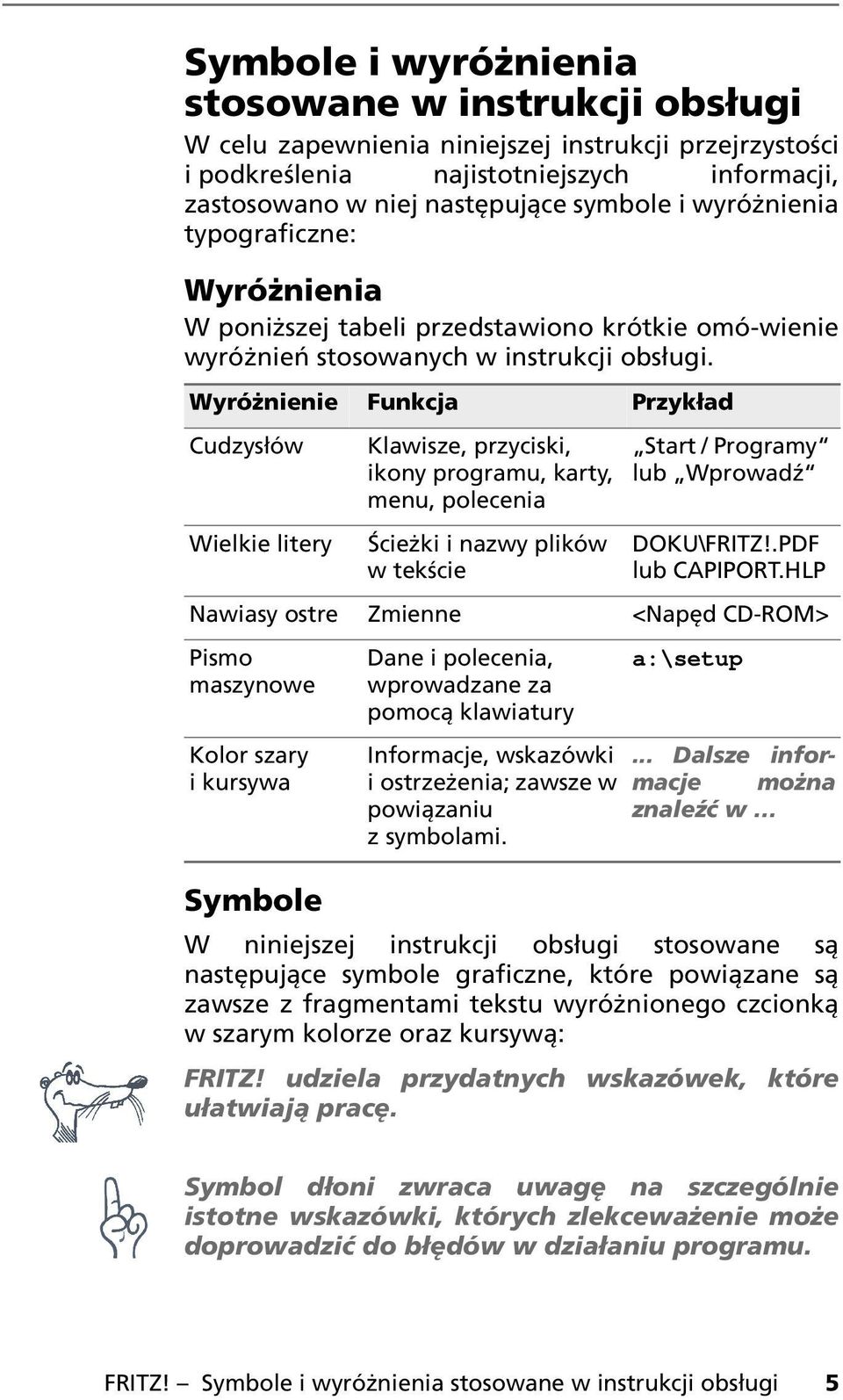 Wyróżnienie Funkcja Przykład Cudzysłów Wielkie litery Symbole Klawisze, przyciski, ikony programu, karty, menu, polecenia Ścieżki i nazwy plików w tekście Start / Programy lub Wprowadź DOKU\FRITZ!