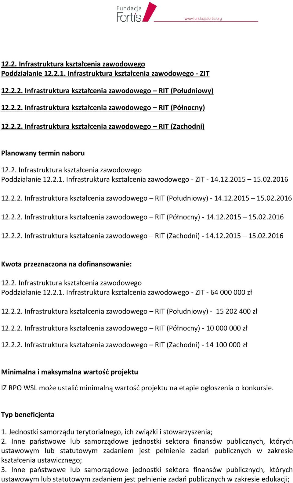 02.2016 12.2.2. Infrastruktura kształcenia zawodowego RIT (Południowy) - 14.12.2015 15.02.2016 12.2.2. Infrastruktura kształcenia zawodowego RIT (Północny) - 14.12.2015 15.02.2016 12.2.2. Infrastruktura kształcenia zawodowego RIT (Zachodni) - 14.