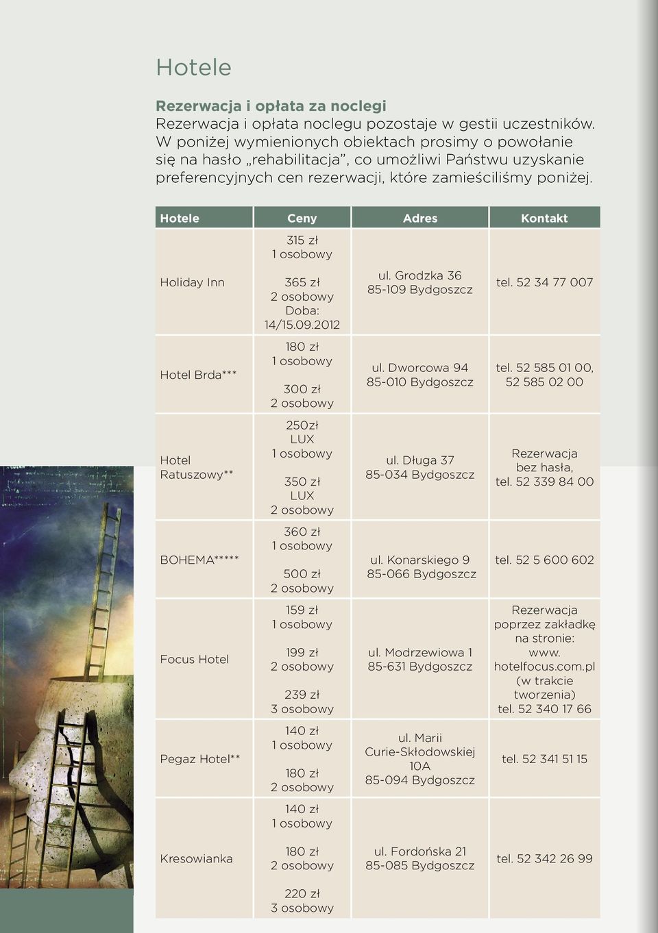 Hotele Ceny Adres Kontakt 315 zł Holiday Inn 365 zł Doba: 14/15.09.2012 ul. Grodzka 36 85-109 Bydgoszcz tel. 52 34 77 007 Hotel Brda*** 180 zł 300 zł ul. Dworcowa 94 85-010 Bydgoszcz tel.