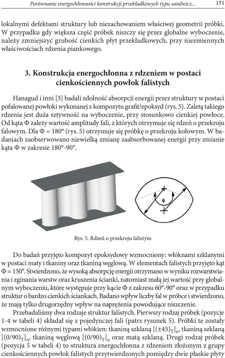 Konstrukcja energochłonna z rdzeniem w postaci cienkościennych powłok falistych Hanagud i inni [3] badali zdolność absorpcji energii przez struktury w postaci pofalowanej powłoki wykonanej z