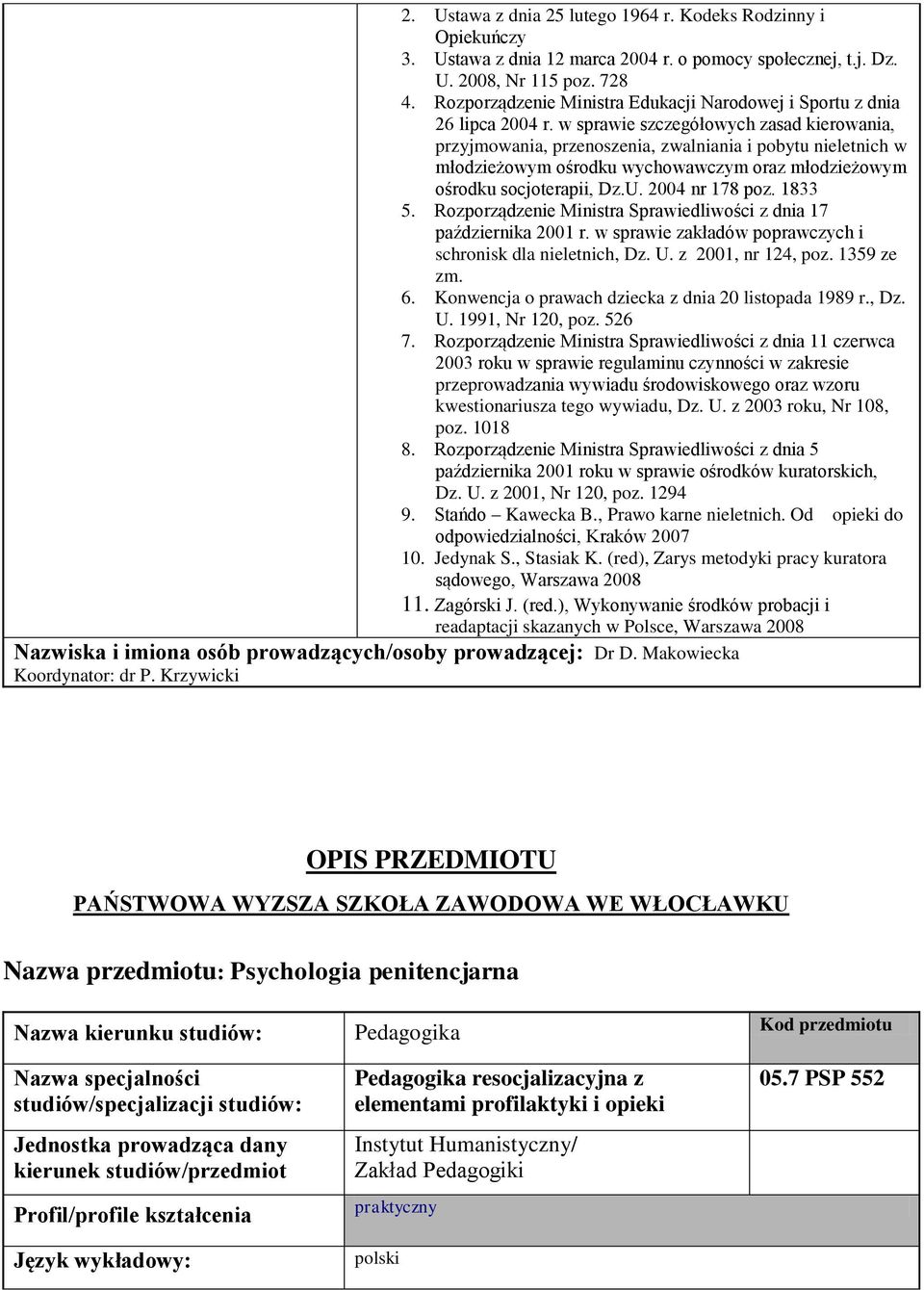 w sprawie szczegółowych zasad kierowania, przyjmowania, przenoszenia, zwalniania i pobytu nieletnich w młodzieżowym ośrodku wychowawczym oraz młodzieżowym ośrodku socjoterapii, Dz.U. 2004 nr 178 poz.