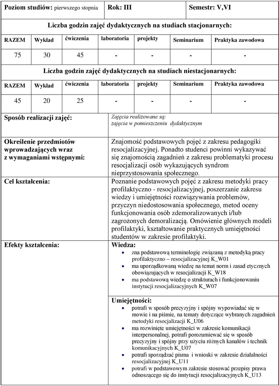 Określenie przedmiotów wprowadzających wraz z wymaganiami wstępnymi: Cel kształcenia: Efekty kształcenia: Zajęcia realizowane są: zajęcia w pomieszczeniu dydaktycznym Znajomość podstawowych pojęć z